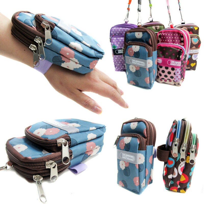 Draagbare Tas Pols Purse Handtassen Arm Pakket Drie Rits Bloem Stof Voor Vrouwen Mannen Halter Tassen