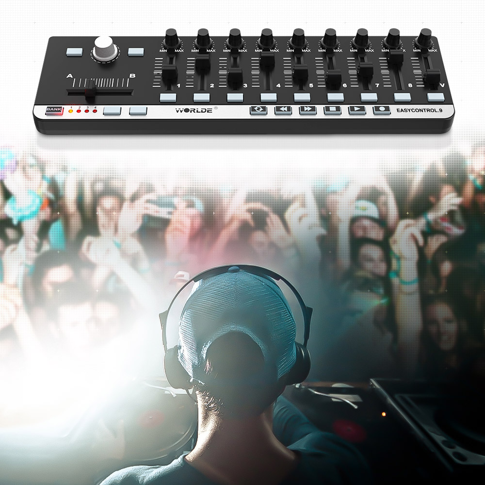 Worlde MIDI Controller EasyControl.9 Tragbare Mini USB 9 Slim-Line Control mit 4 Programmierbare Speicher Banken &amp; 6 Transport butto