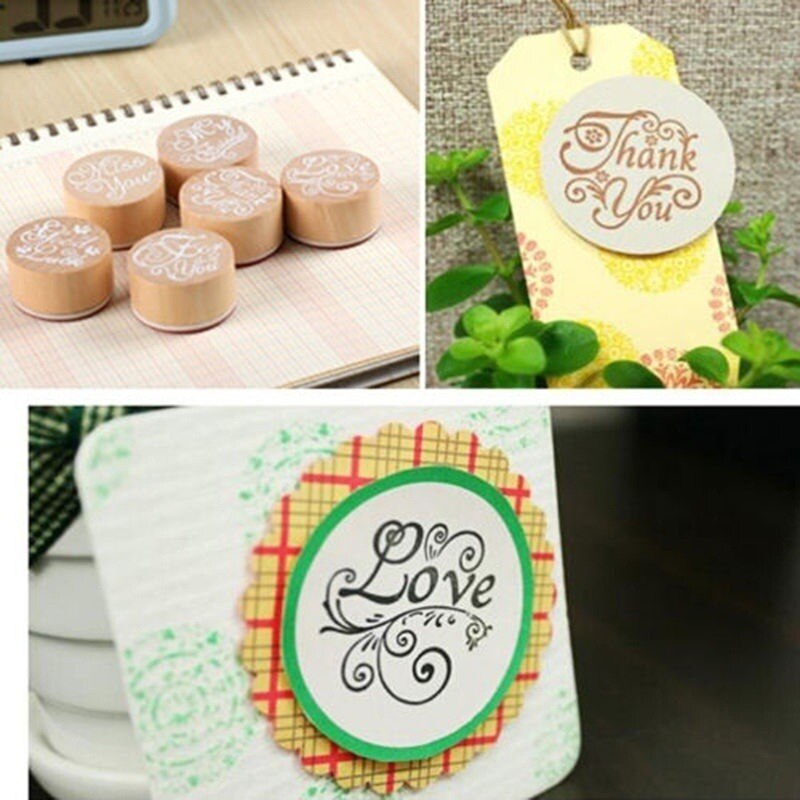 Retro Round Wooden Stamp Popular Handwriting Wish Sentiment Wooden Rubber Round Stamp Floral Choose Word