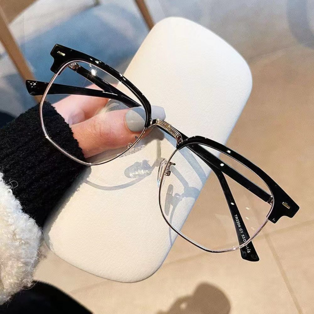 Retro Metal Half Frame Anti-Blue Light Glasses Eye Protection Plastics Flat Mirror Spectacles Half Frame Glasses for Women Men: WHITE