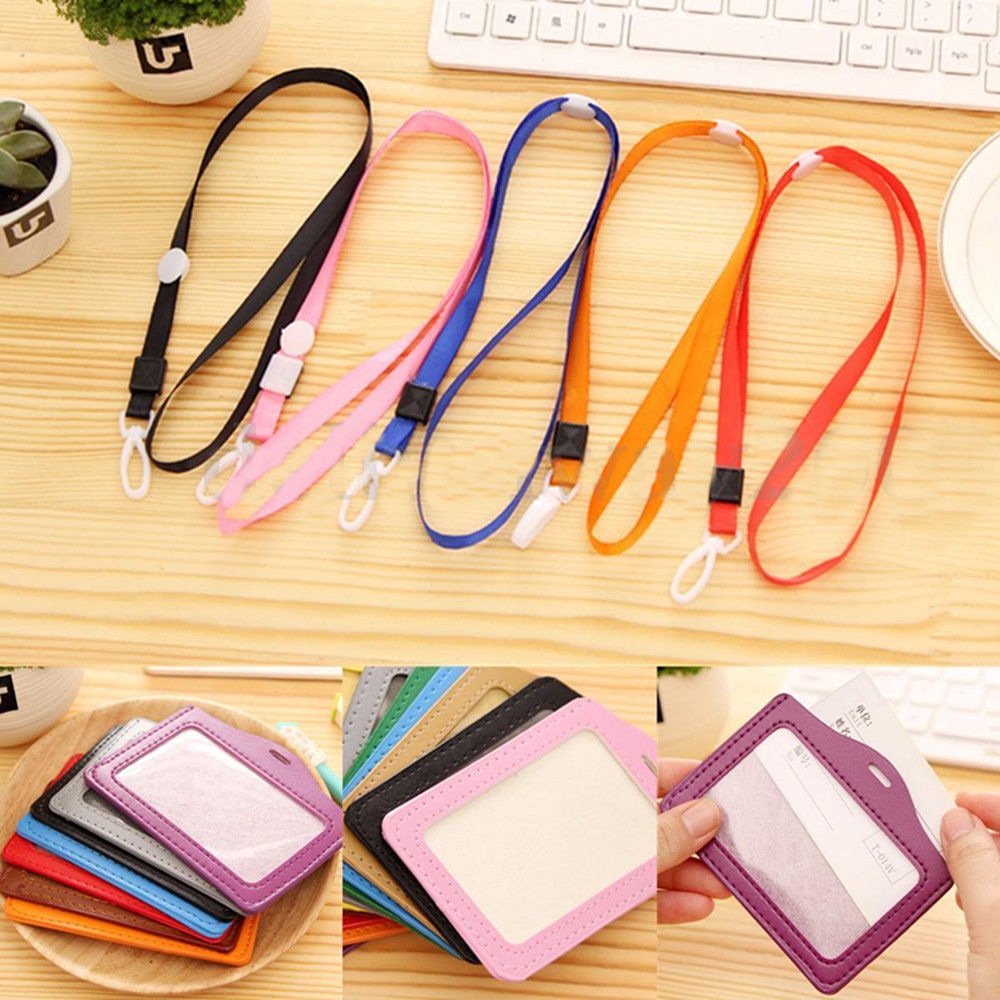 1Pcs PU Leather Candy Colors Pocket ID Card Pass Badge Holders Case with Neck Strap Lanyard School Office Supplies Student Card