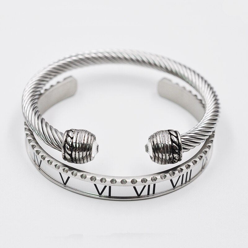 Outdoor Black Roman Numeral Bracelet Men's Cable Wire Rope Bracelet Stainless Steel Men Bangles Punk Street Jewelry Accessories: Set Silver White