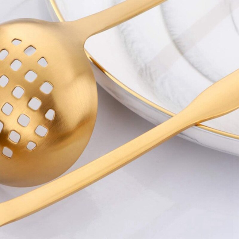 Juego de colador de cazo de sopa de oro, cuchara de servir de utensilios de cocina de acero inoxidable con mango largo, para utensilio de cocina (2 uds)
