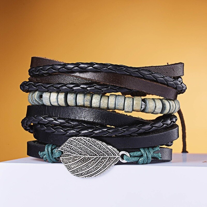 Accessoires de main rétro pour hommes, ensemble réglable en cuir tricoté croisé, Bracelet accessoires pour main, 5 pièces