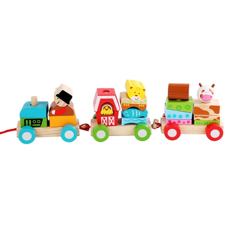 Kids Houten Pull Langs Trein Stapelen Bouwsteen Baby Vroege Educatief Speelgoed Y4UD: B