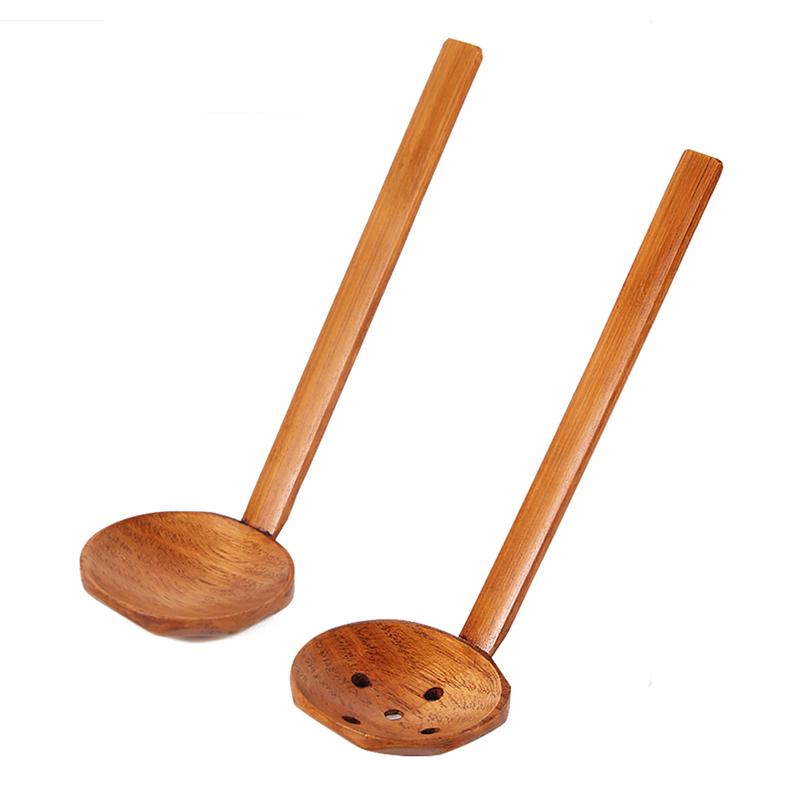 2 st natur trä durkslag ramen lång skaft skopa gryta sked durkslag soppsked behållare köksredskap trä slev