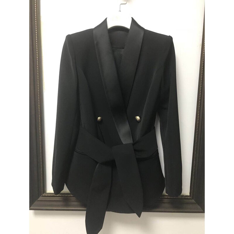 hoch Straße Neueste Blazer frauen Schal Kragen Zweireiher Metall Tasten Gürtel Blazer Jacke