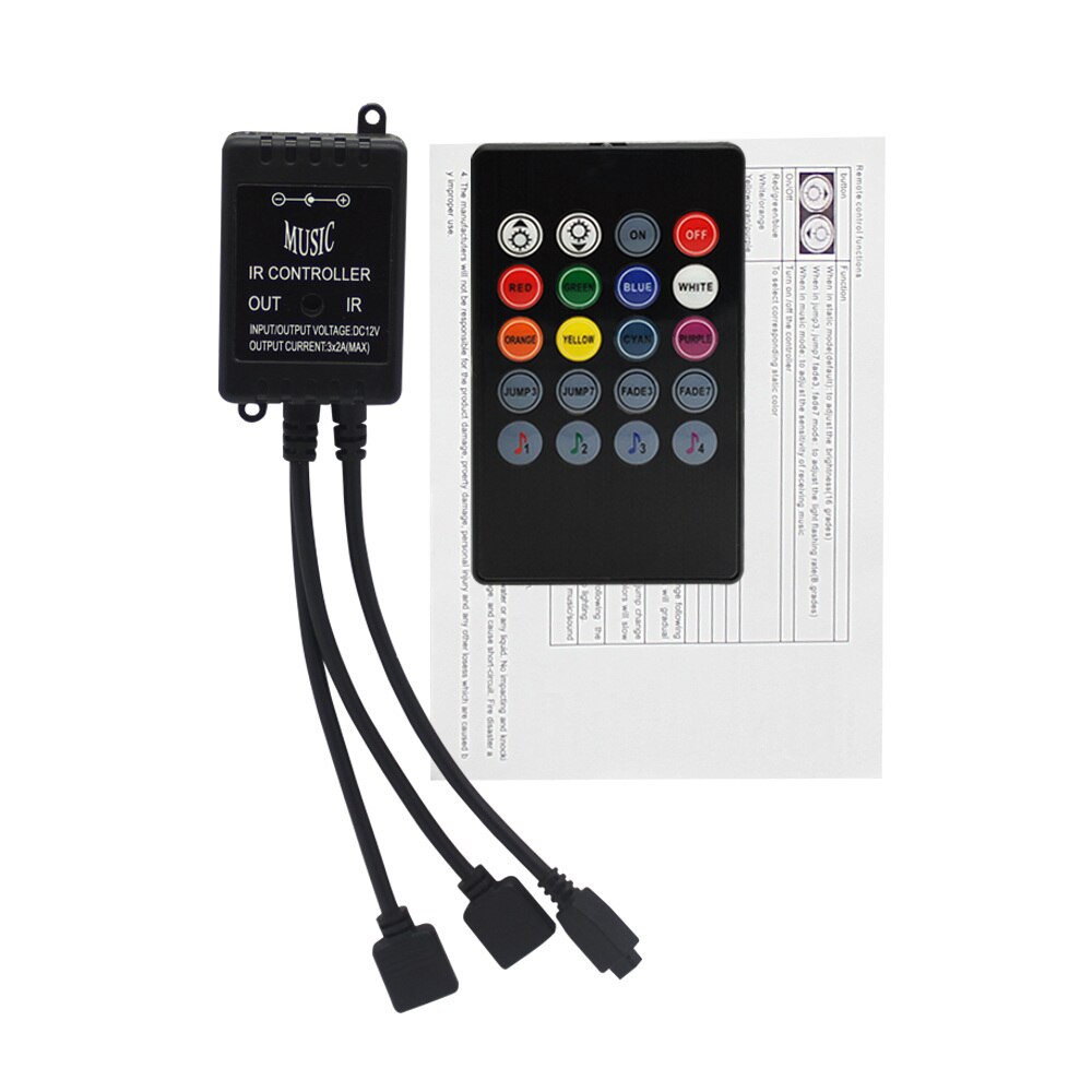 20 Key Music IR Controller Black Sound Sensor Remote DC 12V RGB Controller For RGB LED Light Strip Connect 2 Led Strip: One to two