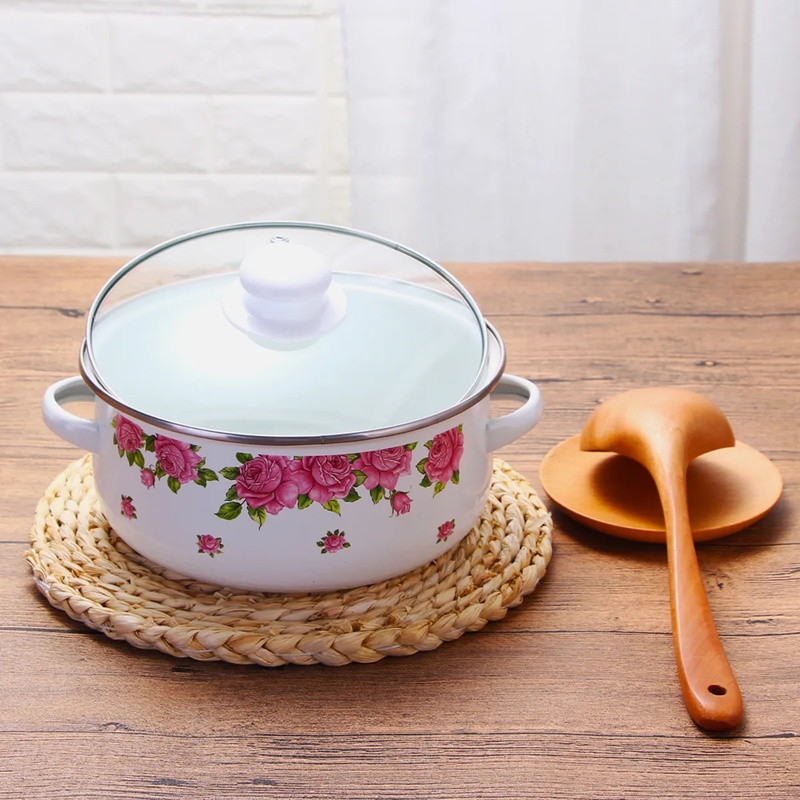 Enamel Enamel Soup Pot Noodle Pot Pot Binaural Induction Cooker Flat-bottom Gas Household Stewing Soup Thickening Retro Old