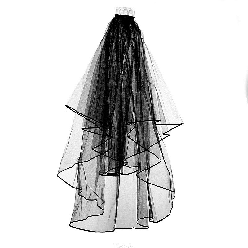 Velo de novia negro gótico corto con peine de tul de dos capas barato disfraz de velo de novia de Borde de cinta accesorios de boda