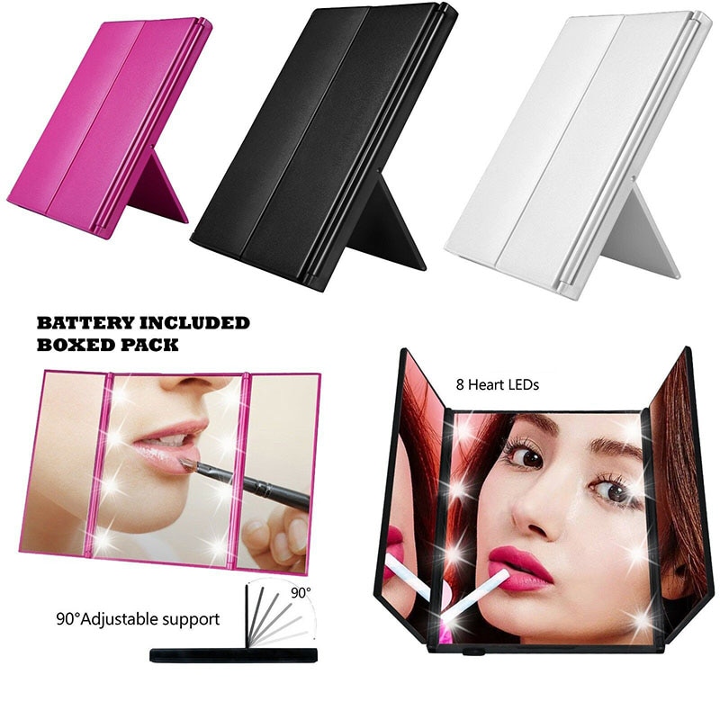 Portable Folding Makeup Mirrors Adjustable Tri-Fold 8 LED Lights Lighted Mirror Makeup Tools with Stand