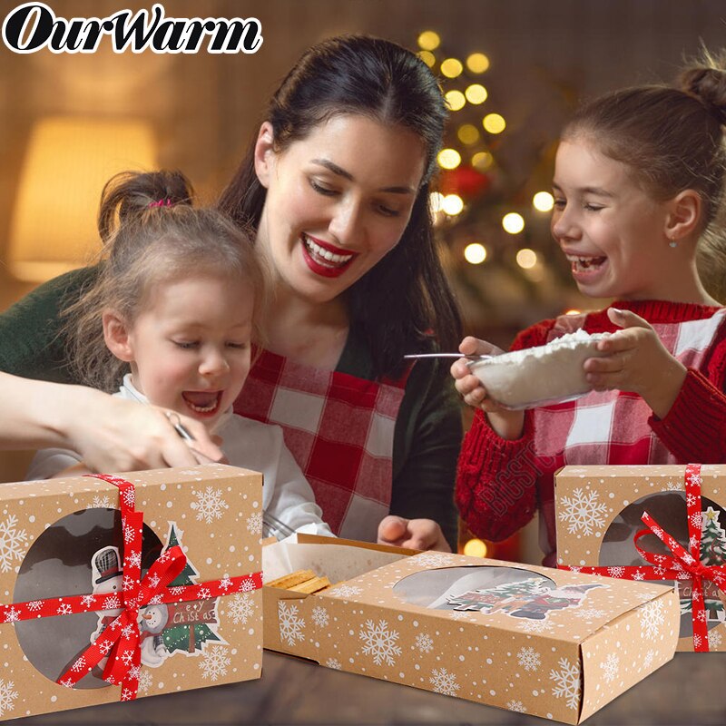 OurWarm 6 stuks Kerst Cookie Dozen met Venster Food Grade Kraft Bakkerij Dozen met Oliepapier en Linten voor Cadeau navidad