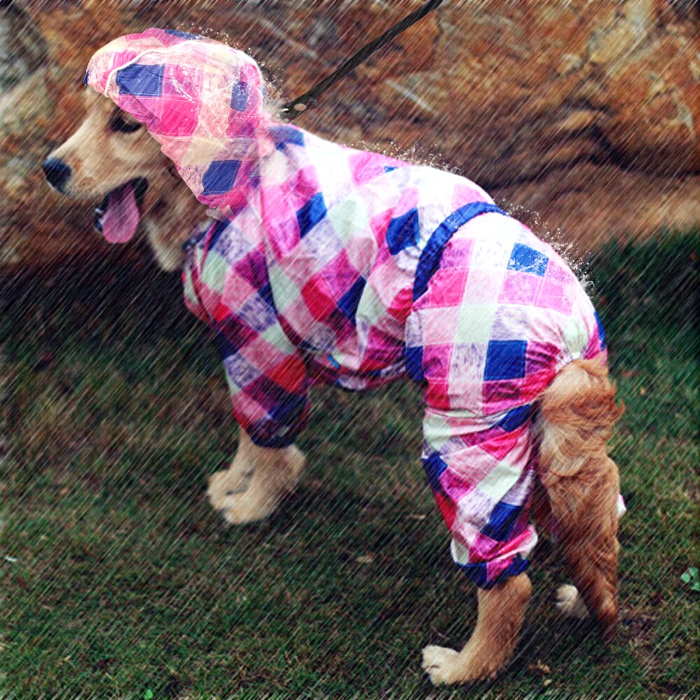 Capa de chuva para cachorro xadrez, roupa à prova de sol para animais de estimação, jaqueta de chuva, macacão com coleira e furo para animais de estimação de médio e grande porte