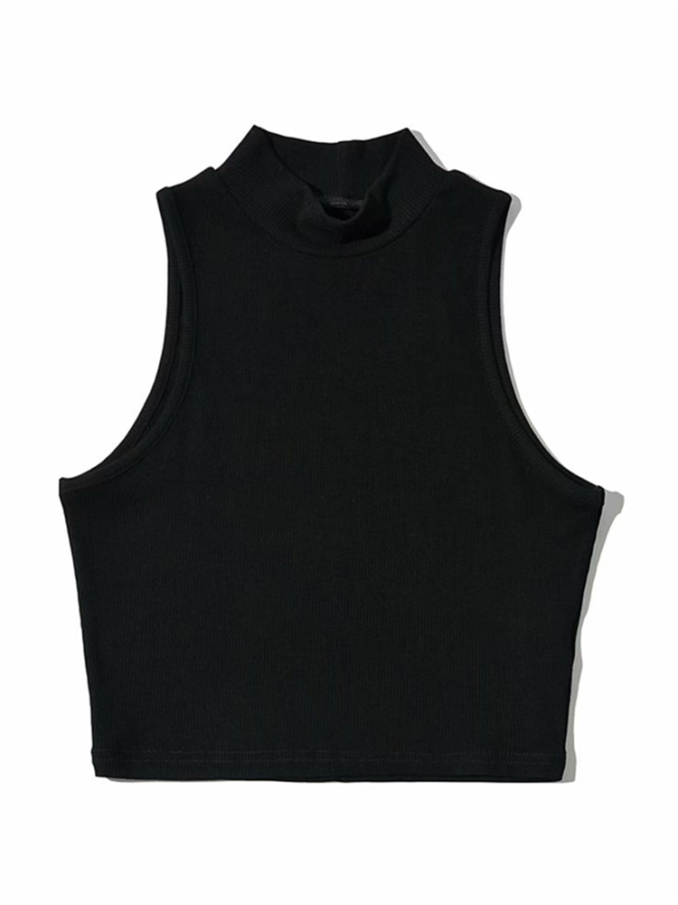 Top corto sin mangas blanco de cuello alto para mujer, Tops negros de de verano, 5 colores: S / Negro