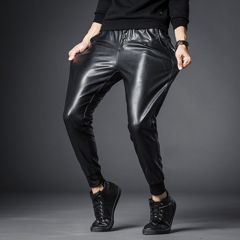 Idopy Men`s Faux Leather Joggers Pants Elastic Waist Motorcycle Biker Black PU Leather Soft Trousers: XXXL / 01