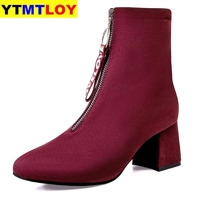 automne et hiver nouvelles femmes confortables bouche peu profonde bottes pointues fermeture éclair Simple doux sauvage talon bottes bottes noires: Wine Red / 35