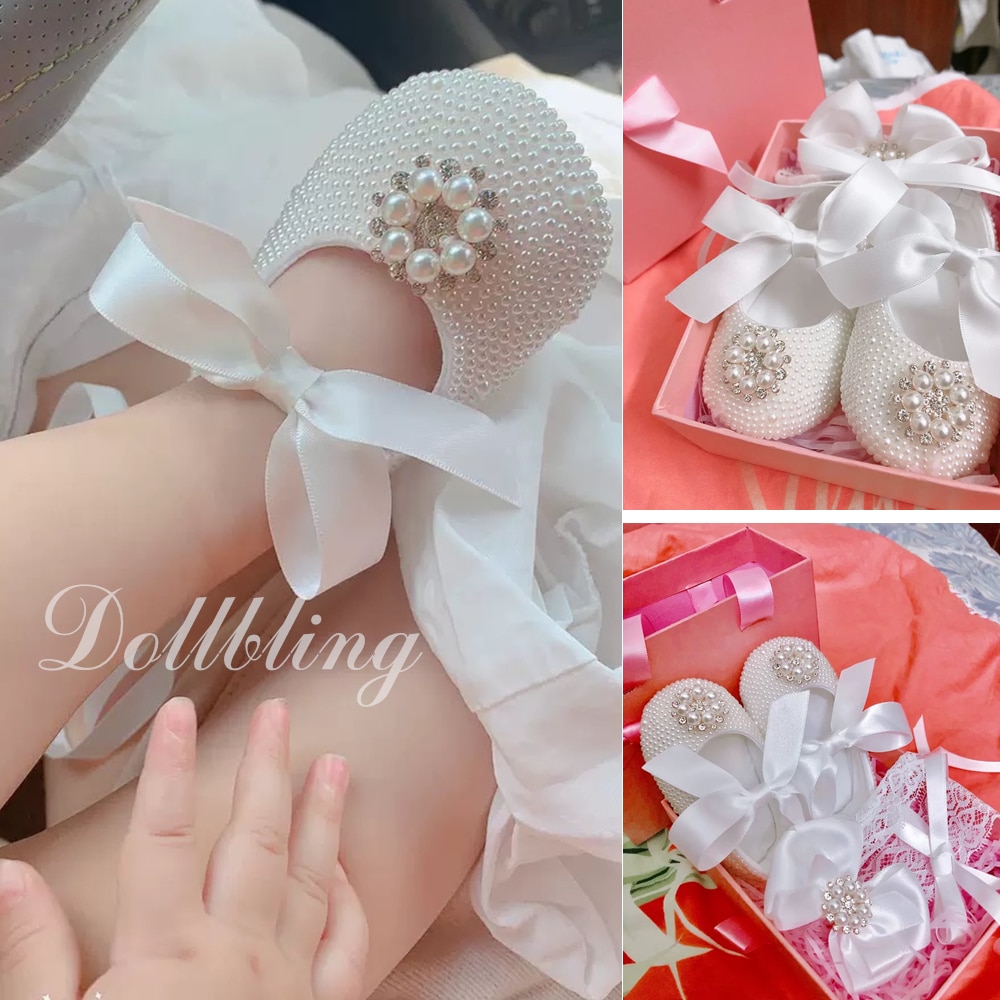Dukke sæt med pandebånd dåb baby sko juvel perle sparkle småbørns fødselsdagsfest nyfødt sko baby shower