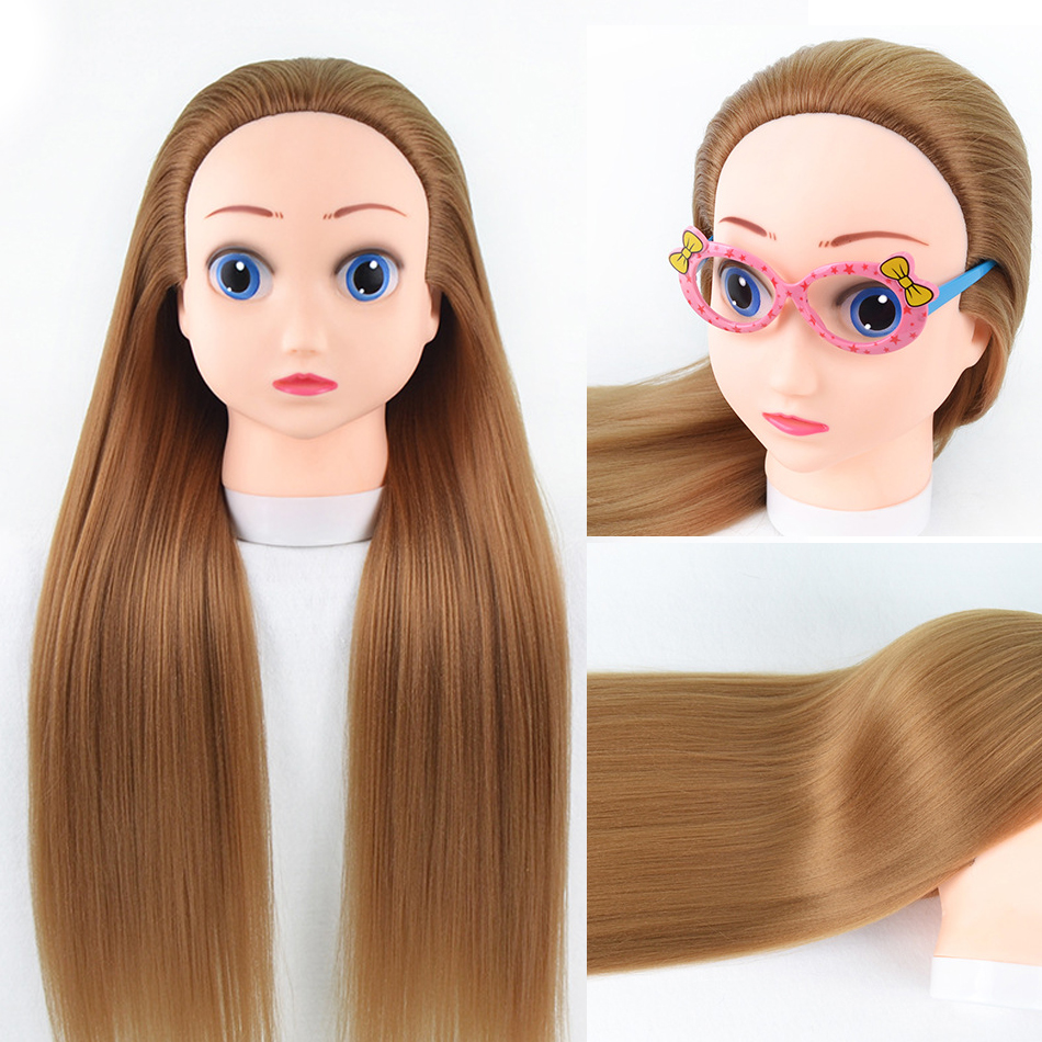 Female 3D Blue Eye Blonde Gold Human Hair Mix Synthetic Curl Training Styling Head Mannequin Doll: Brown