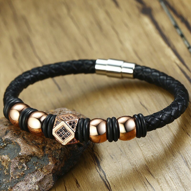 Stylish Mem Jewelry Rose Gold Tone Beaded and Black CZ Modern Mens Braided Leather Bracelet