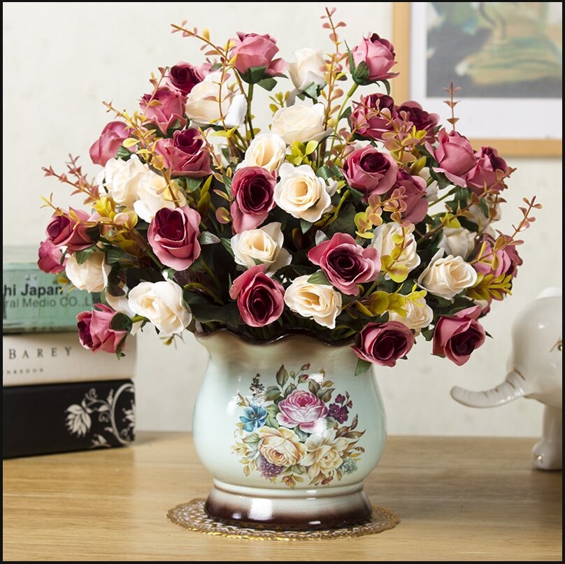 1set European artificial flower+vase living room home table wedding decor potted bonsai ornament silk flores +Ceramic vase: l1