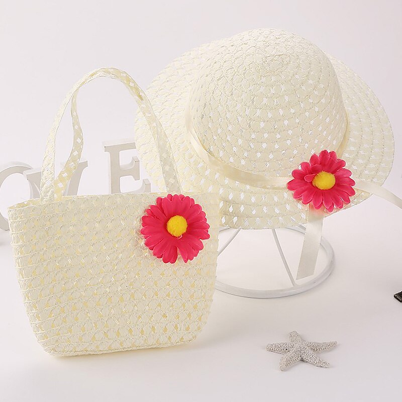 Straw Hat Summer Children Sun Flower Solid Color Lace Sun Hat Kids Sweet Bonnets Girl Beach Travel Hat Cap With Woven Basket: 17 With Basket