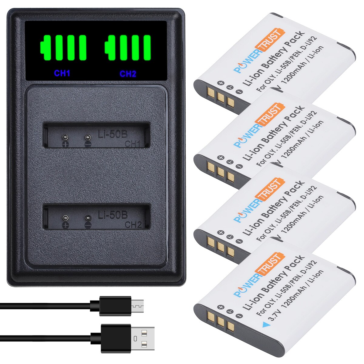 Li-50B 1200mAh Batterie et Chargeur pour Olympus D-Li92 LI50B LI-50C Résistant 6000 6020 8000 8010 TG-610 Pentax D-LI92 DLI92: WHITE