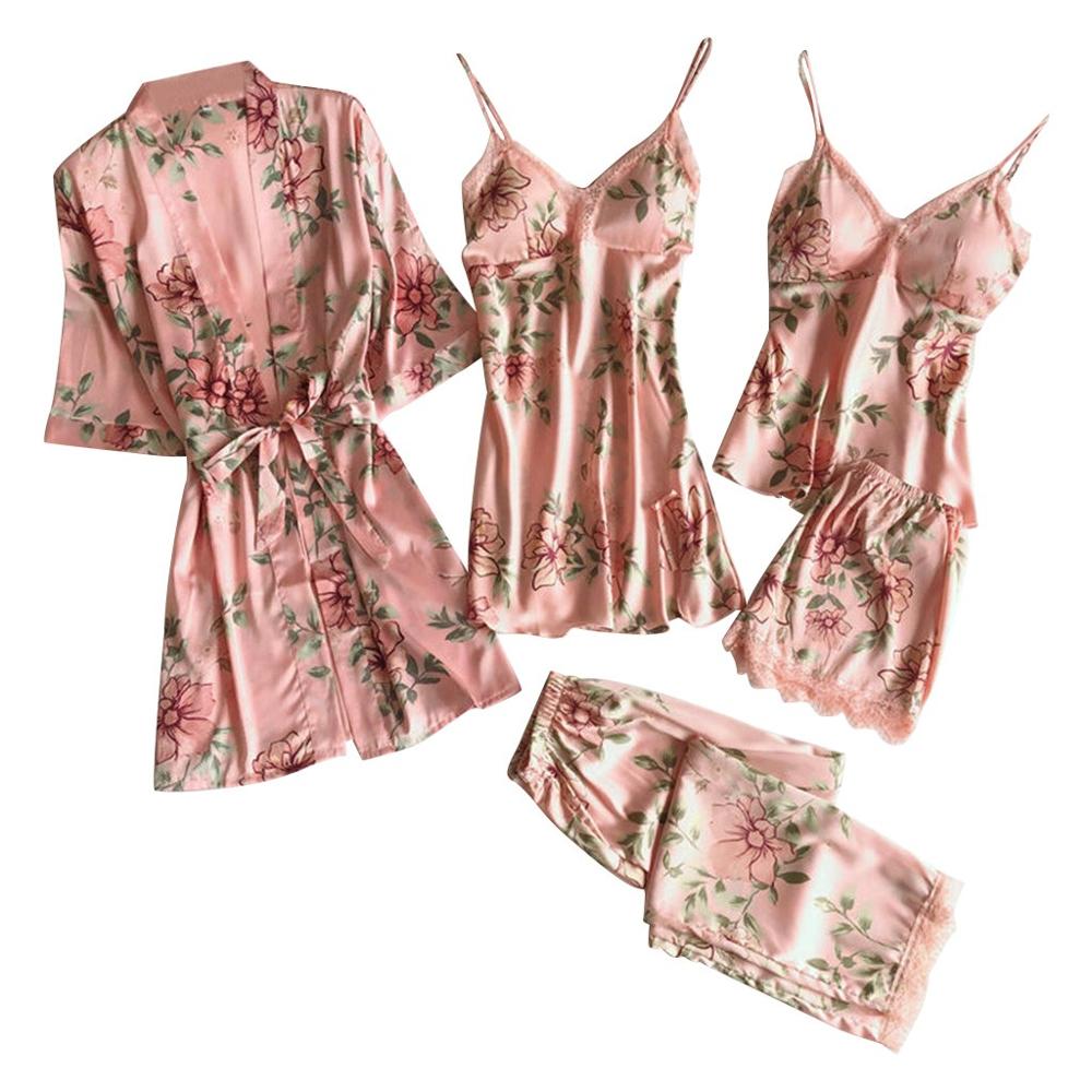 5pc sexede blonder kvinder pyjana natkjole satin morgenkåbe badekåbe bukser shorts lingeri sæt pyjamas plus size nattøj s -3xl: Lyserød / S