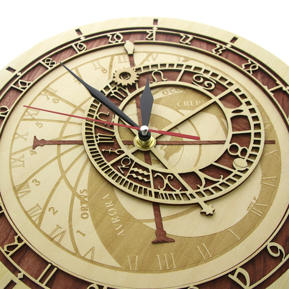 Prague Astronomical Clock in Wood Czech Republic Medieval Astronomy Wall Hanging Clock Astrology Decorative Wall Timepiece