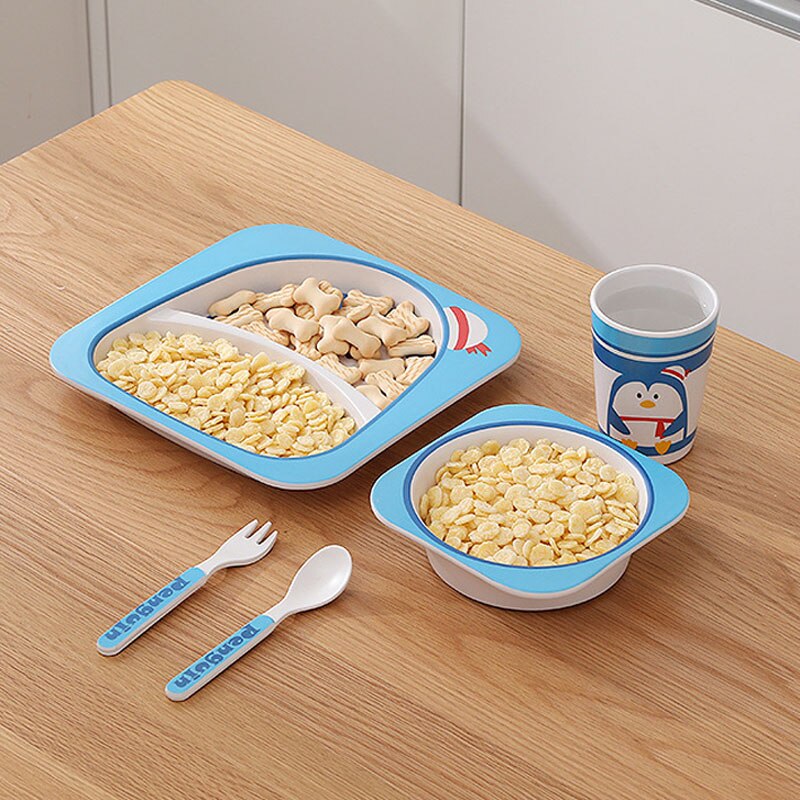 5pcs/set Animal Zoo Baby Plate Bow Cup Forks Dinnerware Feeding Set 100% Bamboo Fiber Baby Children Tableware Set