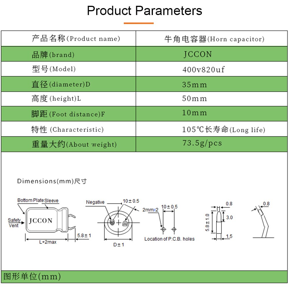 820UF 400V 35x50mm JCCON 105 ℃ Volle-Spannung Elektrische Schweißen Maschine in-Linie elektrolytkondensator Wandler Horn Kondensatoren