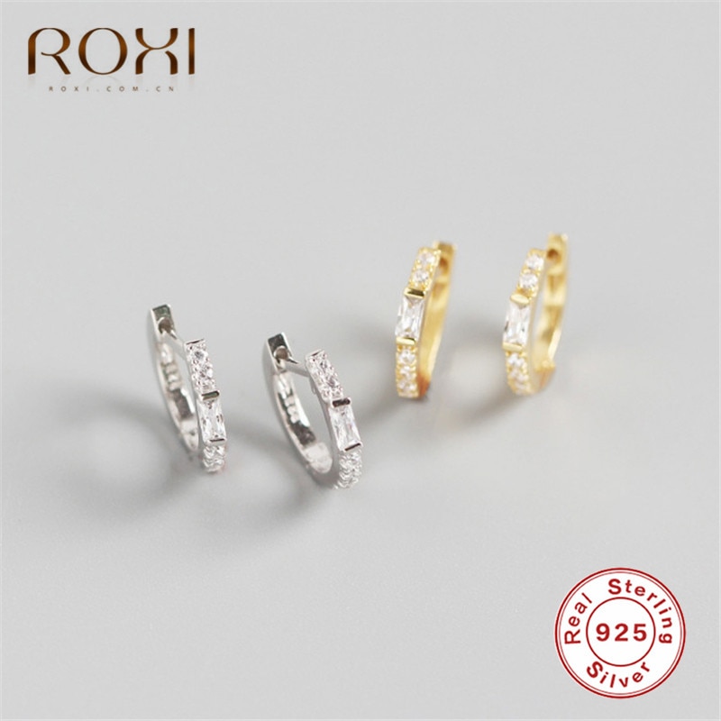 ROXI 925 Sterling Silver Clear Zircon Circle Stud Earrings for Women Square Crystal Loop Earrings Korean Jewelry Wedding Earring
