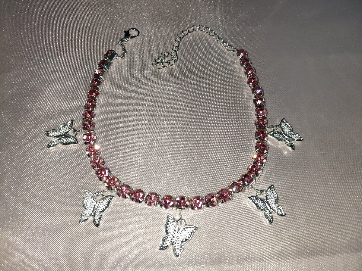 Kreuz Grenze Kreative Mann-gemacht Diamant Kleine Schmetterling Anhänger Fußkettchen Weibliche Beliebte Schmetterling Element Neue Stil glänzend Fuß Orna: Rosa Diamant Silber- plattiert