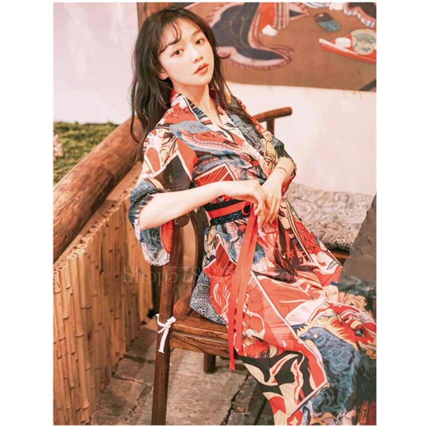 Sommar japansk stil klänning kimono kvinnor flicka fancy print semester chiffong älva lång retro geisha vestido kofta