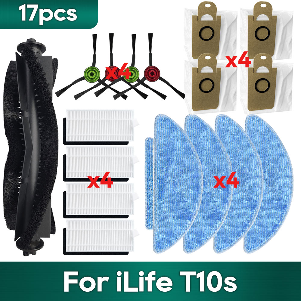 Compatible For iLife T10s Robot Vacuums Replacement Spare Parts Accessories Main Side Brush Hepa Filter Mop Cloth Wipe Dust Bag: army green