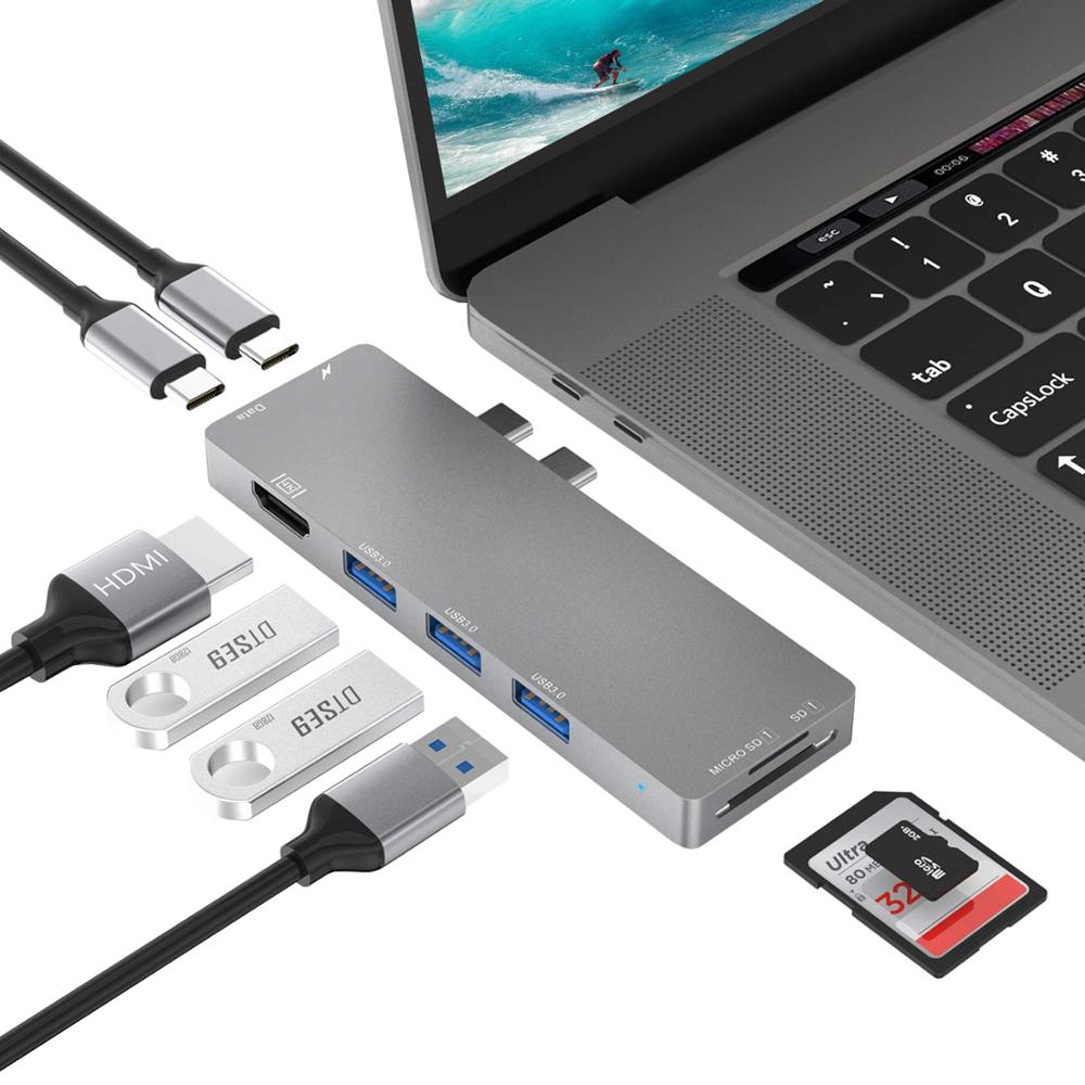 Multifunctionele 8in1 Dual Usb-C Type-C Hub Voor Macbook Air/Pro USB3.1 Type-C Docking Station Splitter Adapter: Gray