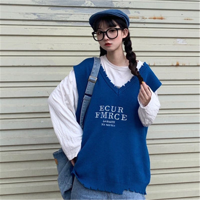 Blå bogstav oversize strik veste kvinder efterår koreansk stil v-hals løs sweater veste kvindelige csual streetwear veste