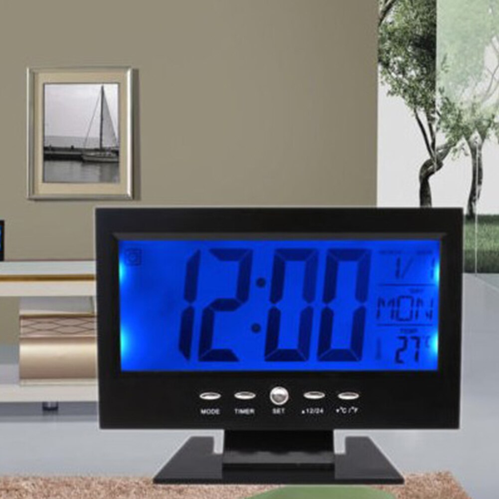 LCD Display Digital Snooze Function Electronic Alarm Clock Rectangle Shape Temperature Backlight Battery Powered Desk Bedroom
