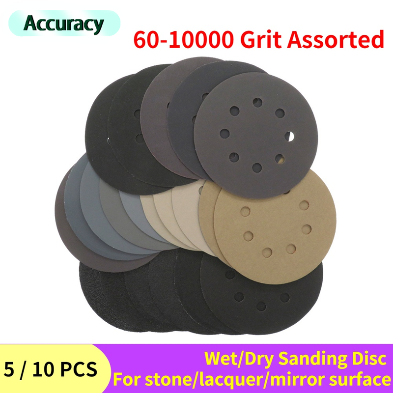 Discos de lijado de forma redonda de grano 60-10000, papel de lija de bucle de gancho, hoja de pulido, papel de lija de 5 pulgadas, 125mm, almohadilla para lijadora de 8 agujeros