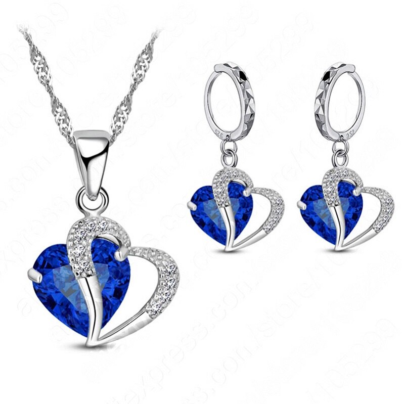 Luksus kvinder 925 sterling sølv cubic zircon halskæde vedhæng øreringe sæt brusk piercing smykker bryllup hjerte: Blå