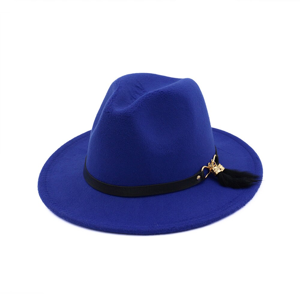 HanXi Winter Women Hat Wool Fedoras Felt Hat Lady Classical Flat Brim Cap PU Leather Band Metal Buckle: royal blue