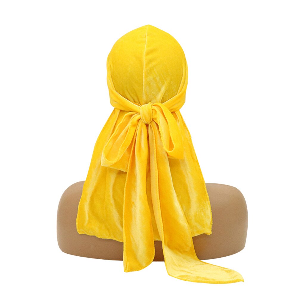 Durag en velours pour hommes et femmes, chapeaux Bandana, solide, enveloppe de tête, extensible, longue queue, chapeaux de Pirate Jordan, Turban Du chiffon: yellow