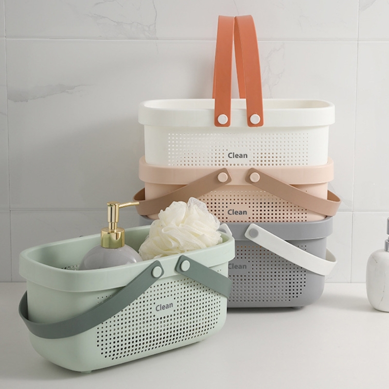 E8BD Plastic Storage Basket with Handles Shower Bins for Bathroom Kitchen Bath Drain Basket Cosmetic