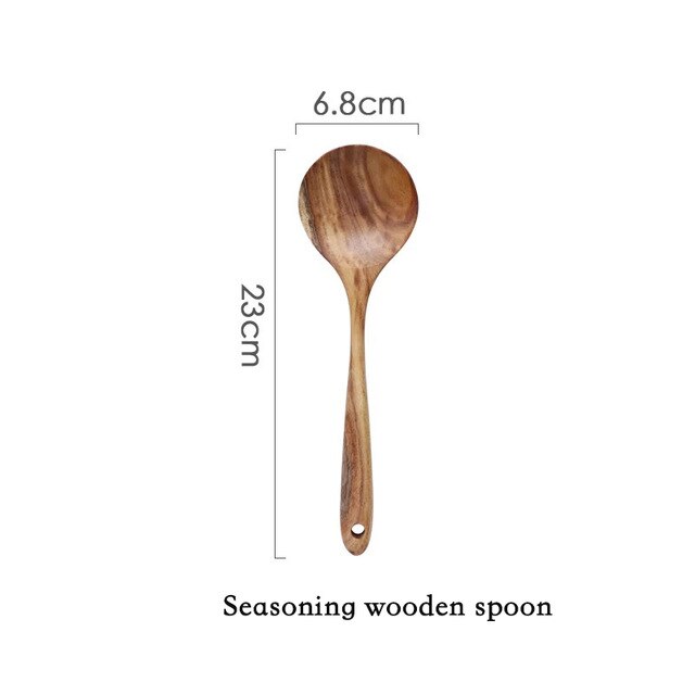Thailand Teak Natural Wood Tableware Spoon Ladle Turner Long Rice Colander Soup Skimmer Cooking Spoons Scoop Kitchen Tool Set: 02