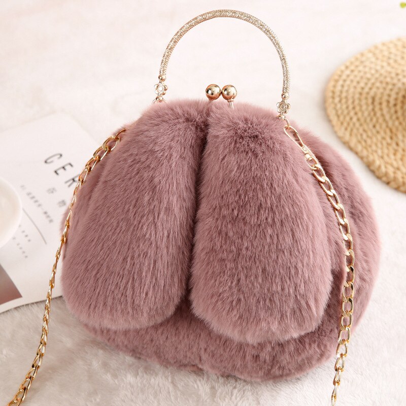 Faux Fur Rabbit Ears Plush Kawaii Round Bag Shoulder Crossbody Bags Women Chain Messenger bag Ladies Solid Furry Handbag: Purple