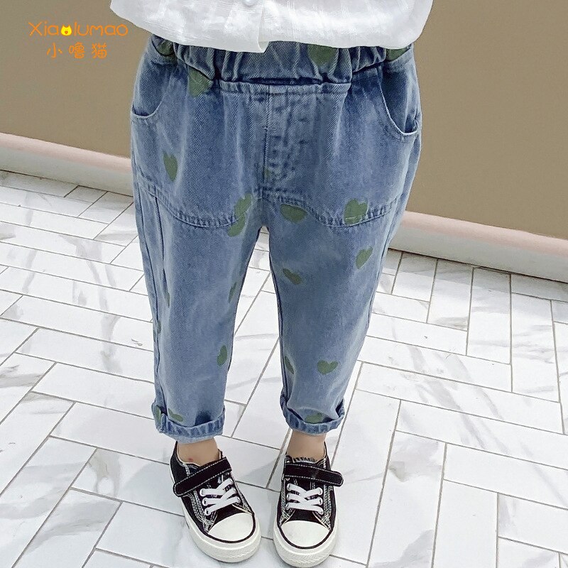 Baby piger jeans hjerte print denim bukser til piger elastisk talje børne jeans med hul efterårs nyhedstøj til  i3-8y