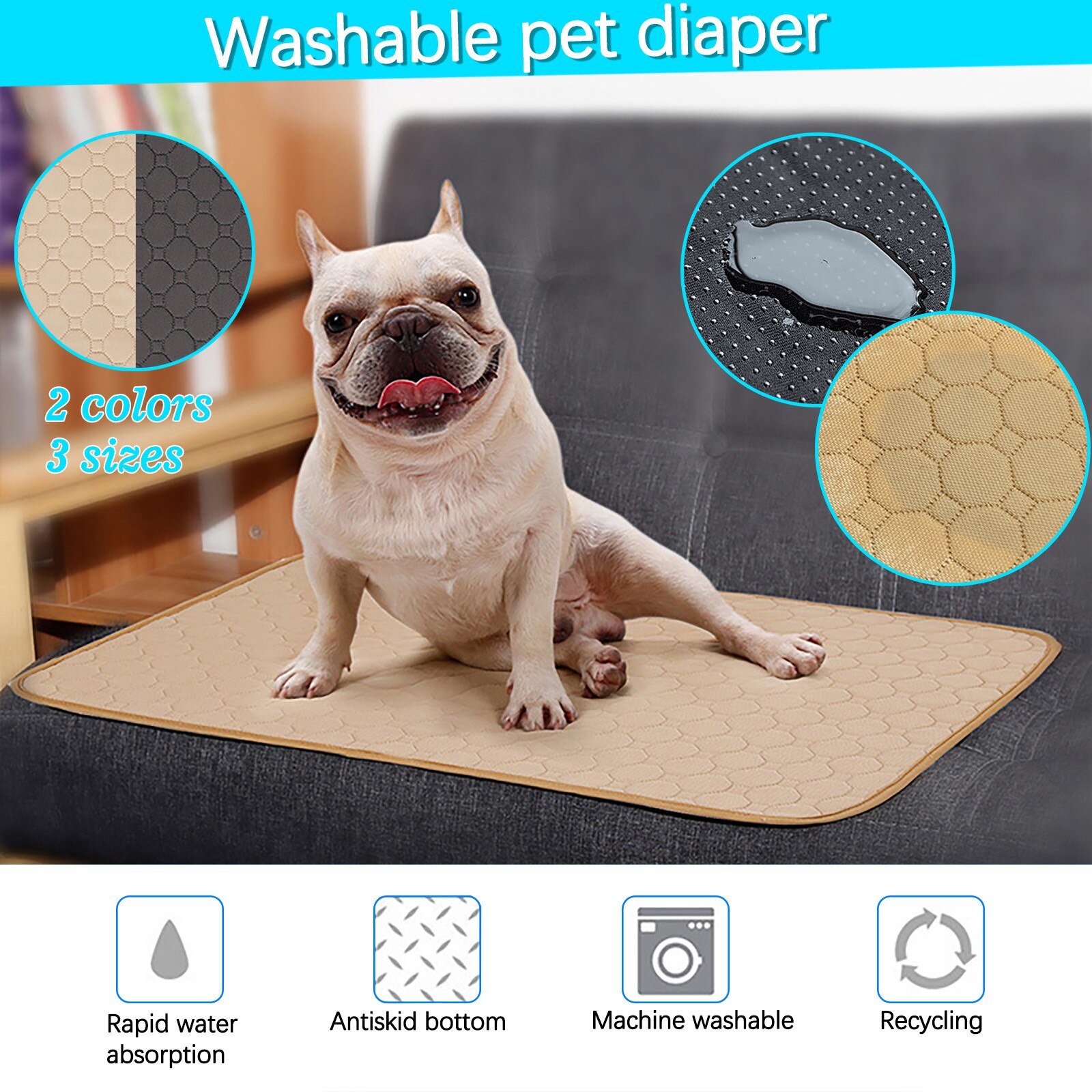 Dog Pet Diaper Reusable Dog Pad Anti-slip Absorbent Mat Maching Washable Training Dog Pee Pads Waterproof Diaper Changing Mat
