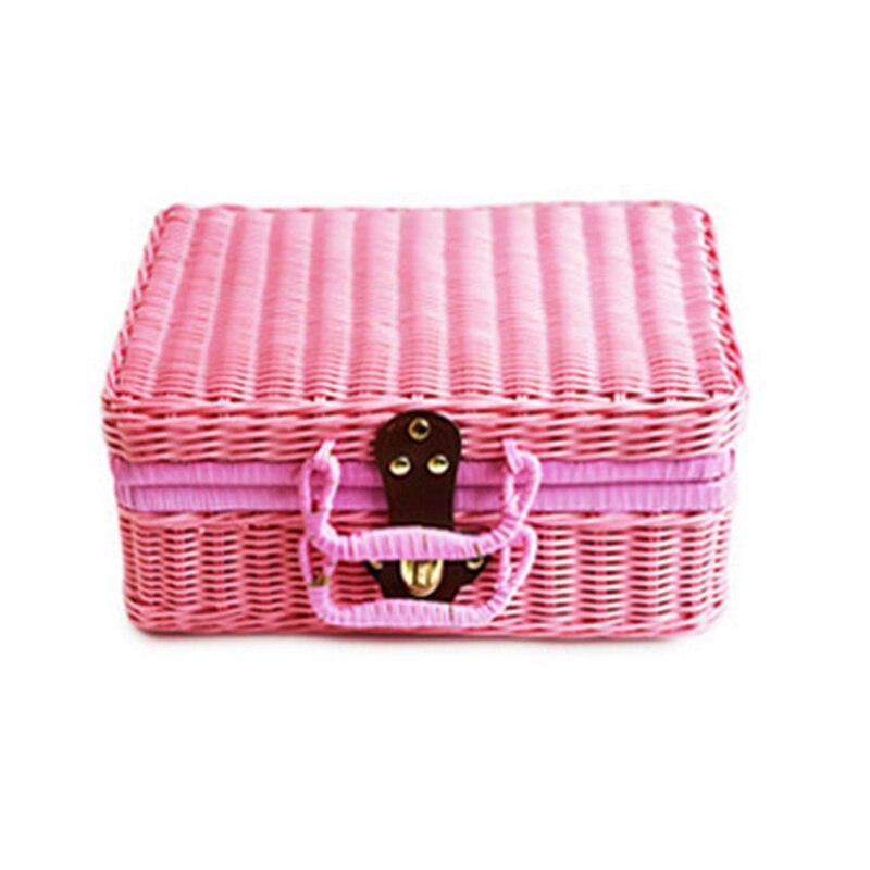 Valise Vintage en rotin Imitation PE, matériel de Protection de l&#39;environnement, boîte de rangement de cosmétiques, boîte de décoration: Pink