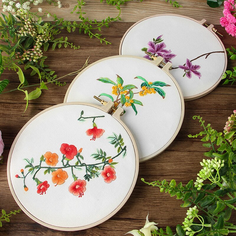 Chinese Flower Embroidery Circle Sewing Kit with Embroidery Hoop Cross Stitch Sets Craft For Art Craft Sewing Home Decor