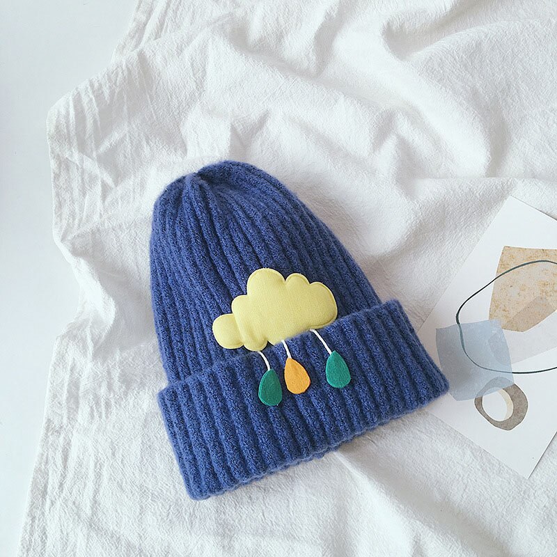 Herfst winter baby mutsen kinderen jongens meisjes mooie wolken gebreide muts effen kleur warme mutsen: Blauw