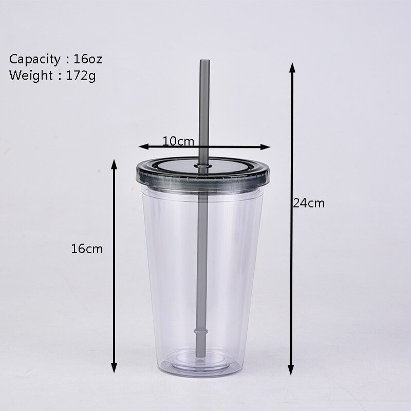 Vasos acrílicos transparentes de doble pared, vaso de plástico con pajillas, reutilizable, para bebidas frías y zumos, 16oz